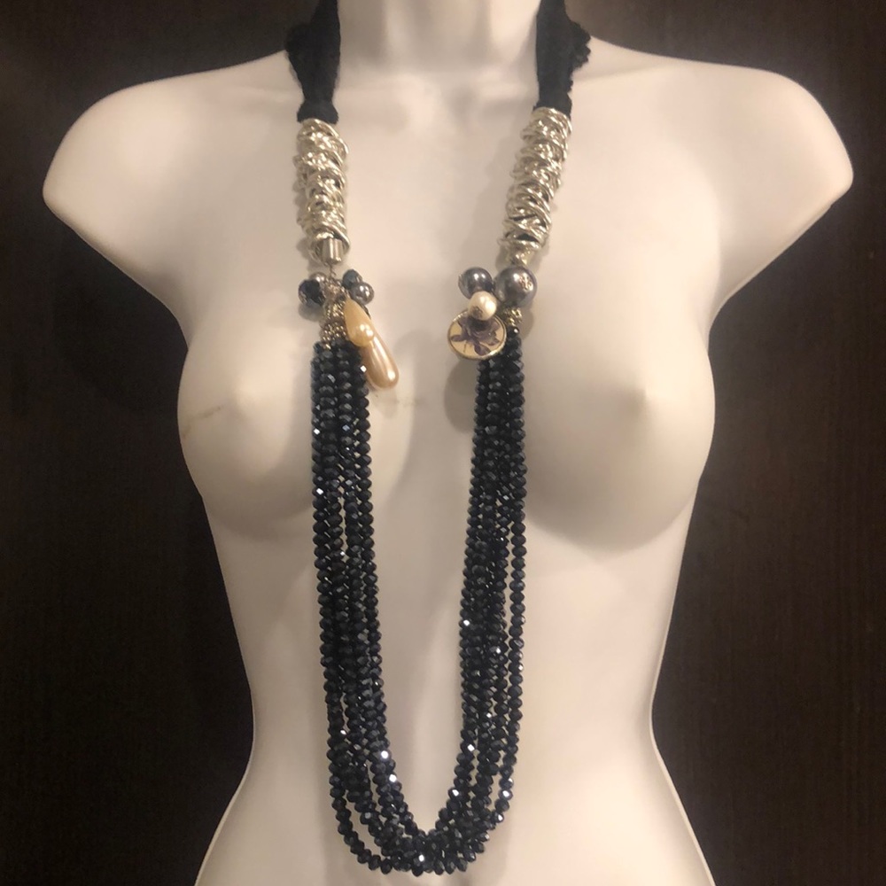 Stylish Black Lace & Bead Necklace with Silver, Pearl, & Charm Accents - NWOT